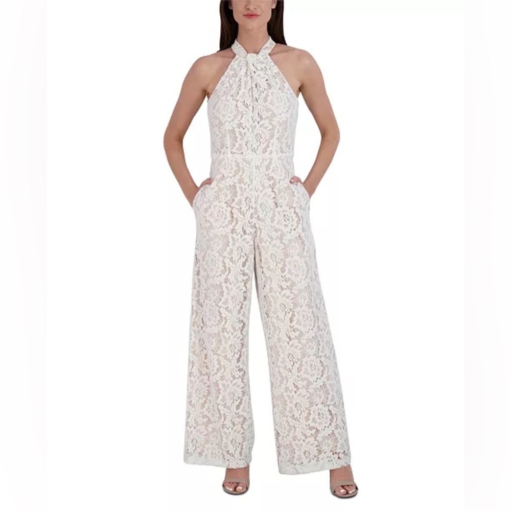 Women's Lace Twist-Neck Wide-Leg Jumpsuit